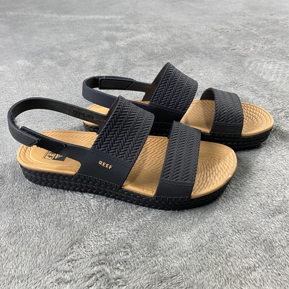 Reef Vista Water Sandals Womens 5 Black Tan Woven Straps Backstrap Boho Beach - Picture 2 of 10